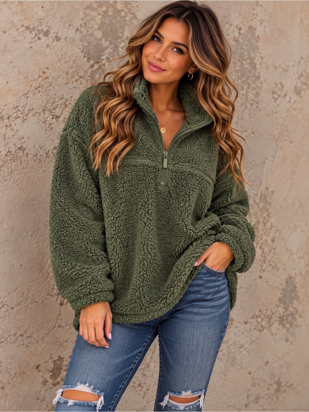 Zenana Olive Green Sherpa Fleece Quarter Zip Pullover Jacket Cozy Casual